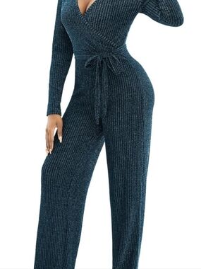 Ribbed Knit Wide-Leg Jumpsuit in Teal
